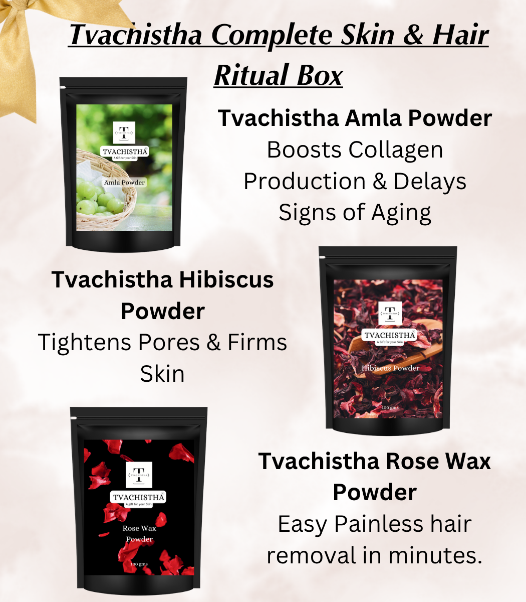 Tvachistha Complete Skin & Hair Ritual Box Gift Hamper | A Royal Gift | Natural Skin & Hair Care Gift Set | Herbal Powders & Essential Oils | For Women & Men | Handmade Gifting Box