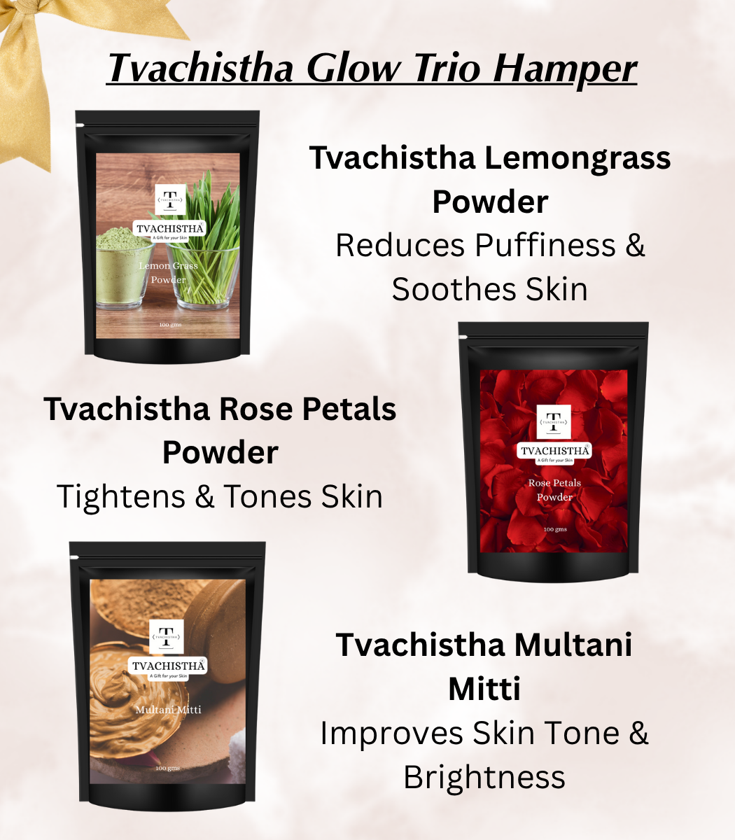 Tvachistha Glow Trio Box Gift Hamper | Natural Skin & Hair Care Gift Set | Herbal Powders & Essential Oils | For Women & Men | Handmade Gifting Box