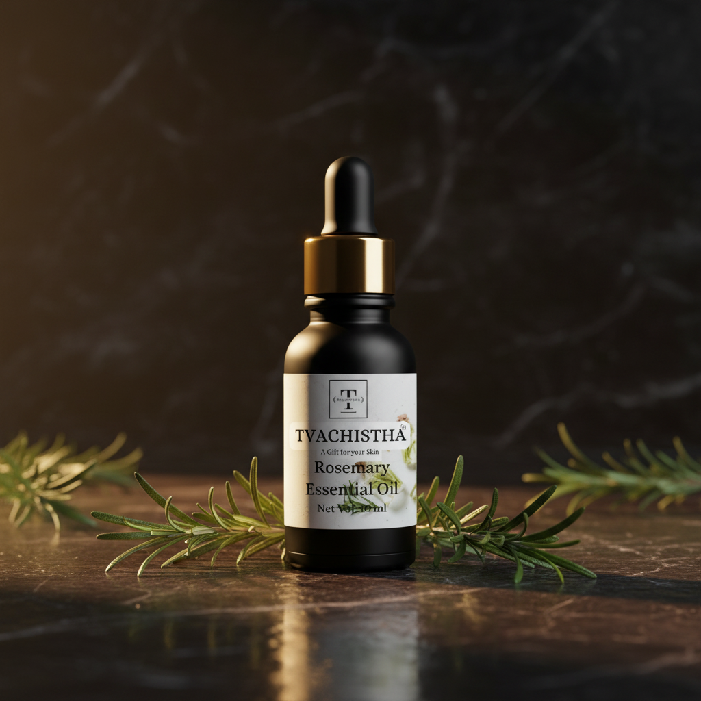 A dark amber glass bottle of Tvachistha Pure Rosemary Essential Oil against a clean background