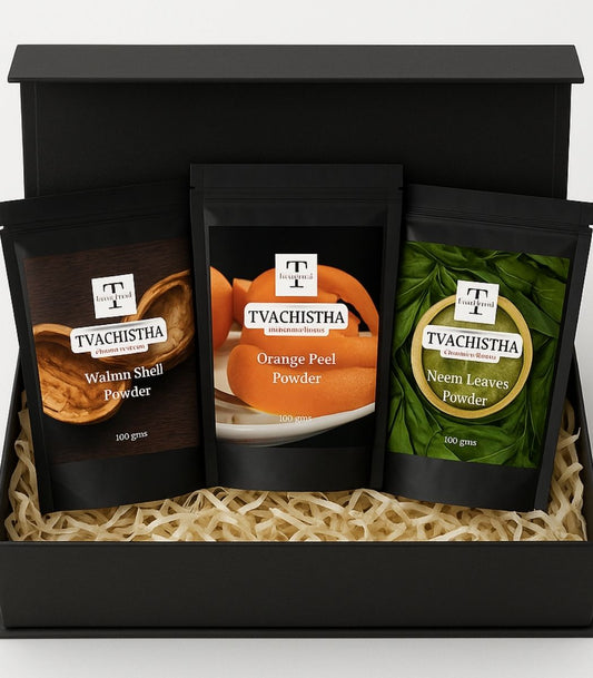 Tvachistha Skin Starter Gift Hamper | Natural Skin & Hair Care Gift Set | Herbal Powders & Essential Oils | For Women & Men | Handmade Gifting Box
