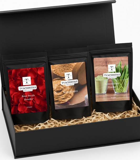 Tvachistha Glow Trio Box Gift Hamper | Natural Skin & Hair Care Gift Set | Herbal Powders & Essential Oils | For Women & Men | Handmade Gifting Box