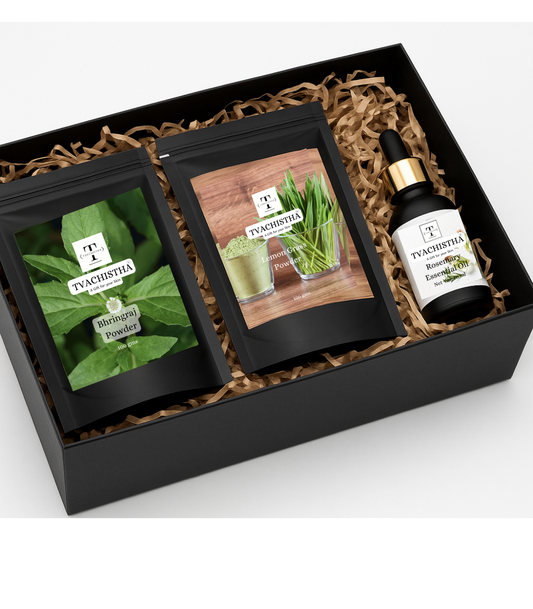 Tvachistha Hair & Skin Bliss Gift Hamper | Natural Skin & Hair Care Gift Set | Herbal Powders & Essential Oils | For Women & Men | Handmade Gifting Box