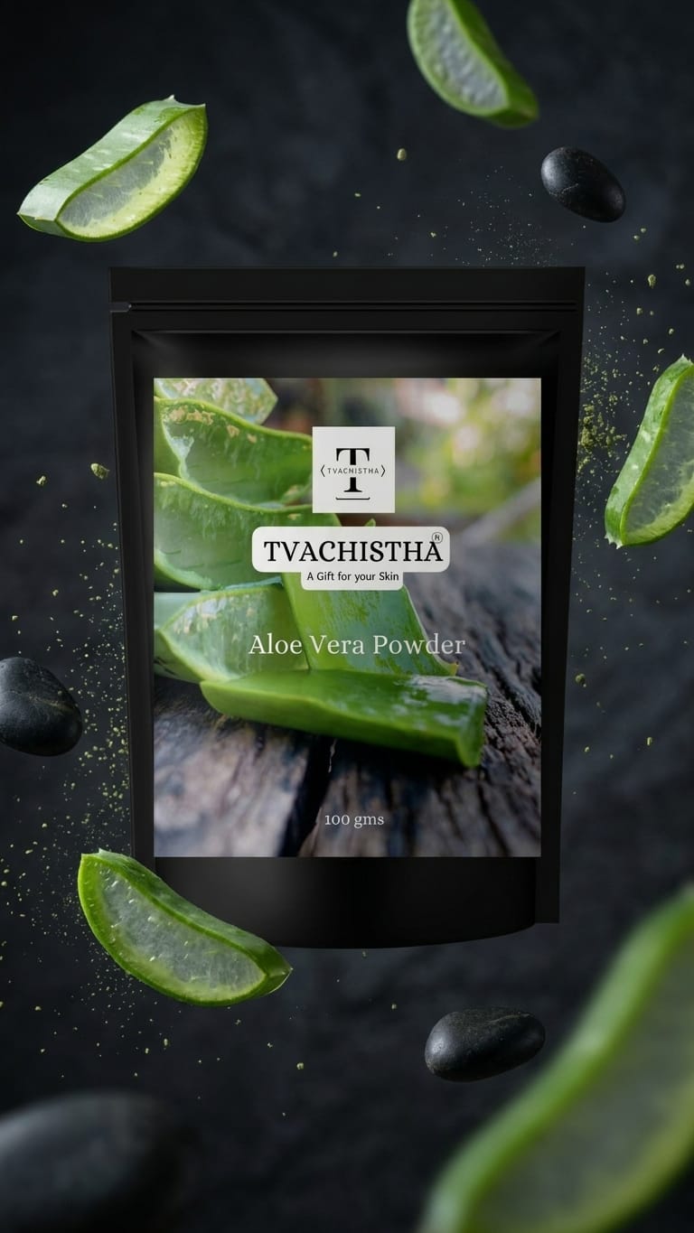 A premium black pouch of Tvachistha Aloe Vera Powder highlighting its soluble moisture-surge texture for face and hair.