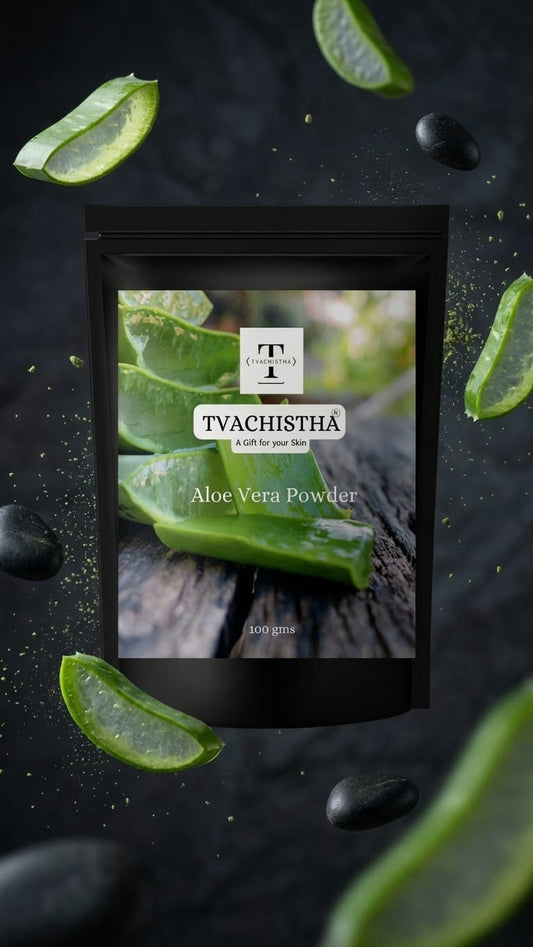 A premium black pouch of Tvachistha Aloe Vera Powder highlighting its soluble moisture-surge texture for face and hair.