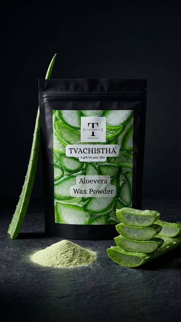 A premium pouch of Tvachistha Aloe vera Wax Powder displaying its fine botanical blend for painless, chemical-free body hair removal and skin brightening.