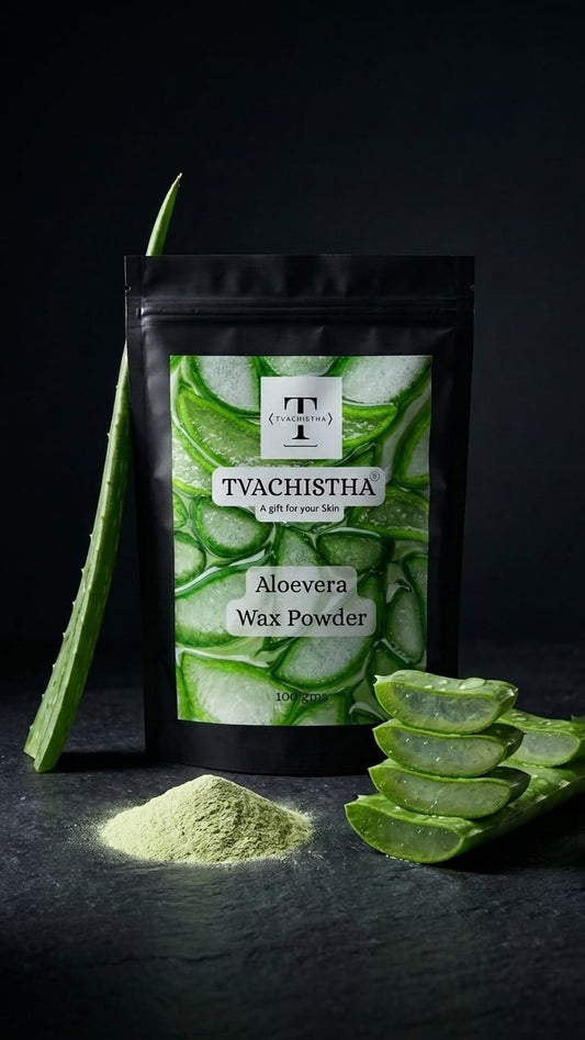 A premium pouch of Tvachistha Aloe vera Wax Powder displaying its fine botanical blend for painless, chemical-free body hair removal and skin brightening.