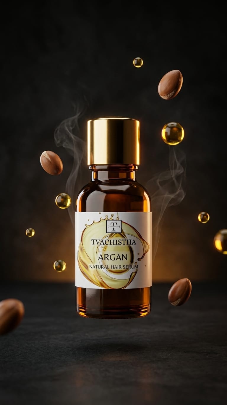 An elegant bottle of Tvachistha Argan Hair Serum displaying its lightweight oil texture for instant hair frizz control.