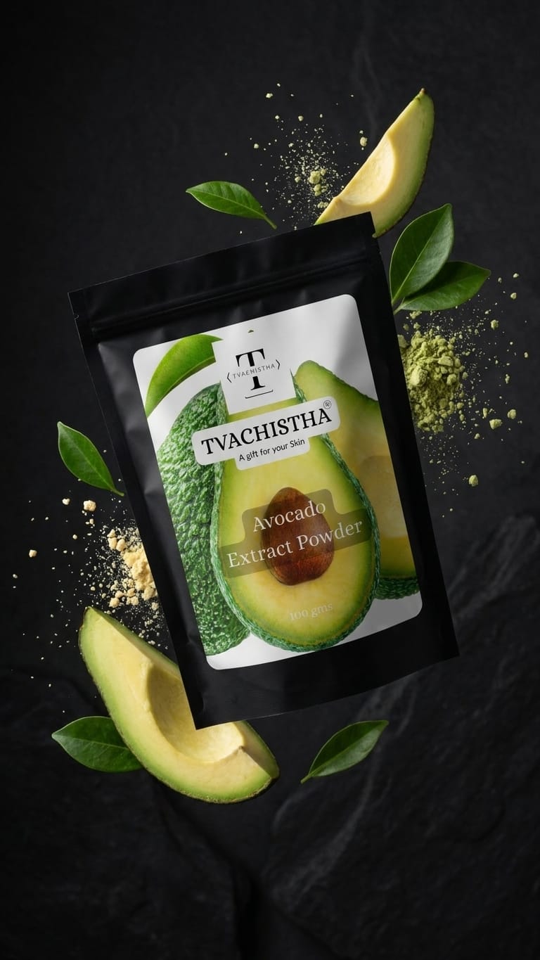 A premium pouch of Tvachistha Pure Avocado Extract Powder displaying its fine botanical texture for dual-action skin moisturizing and hair conditioning.