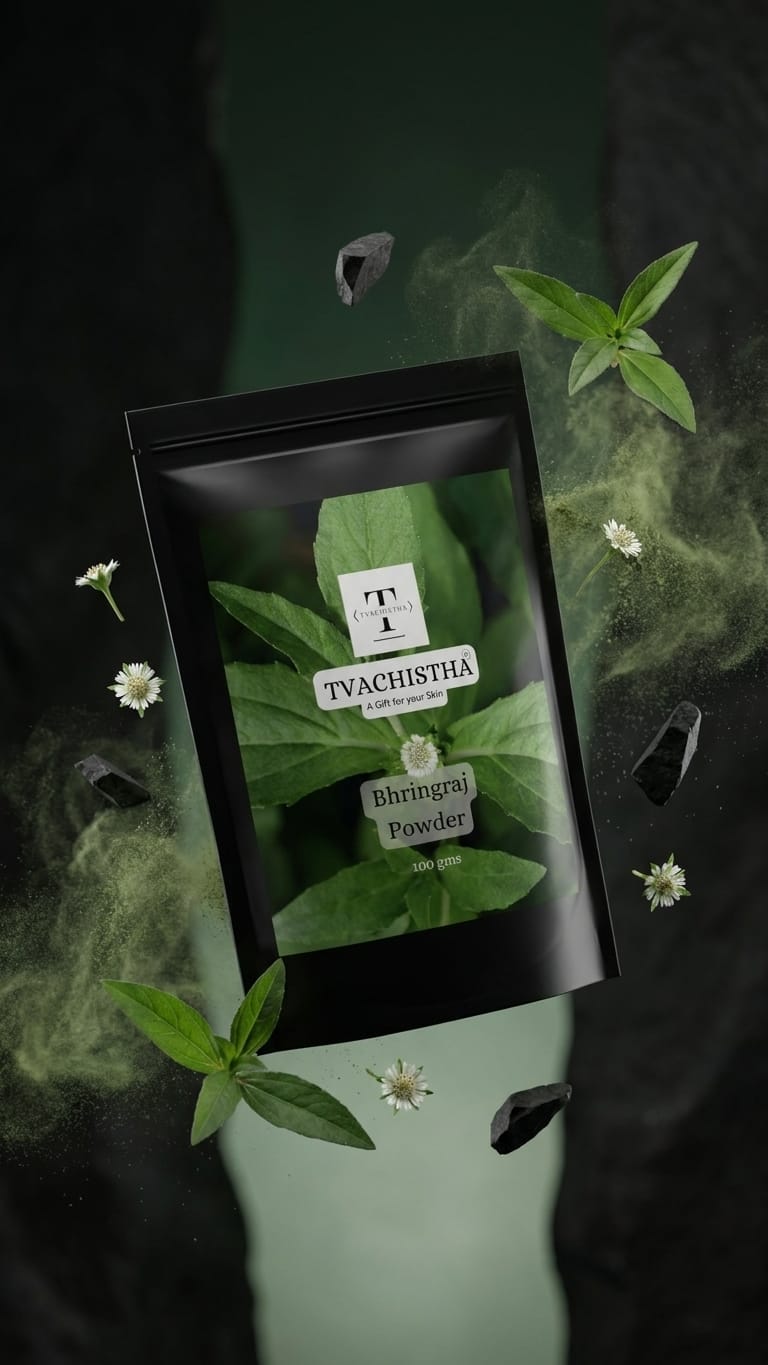 A premium black pouch of Tvachistha Pure Bhringraj Powder showing the traditional "King of Hair Care" therapeutic blend.