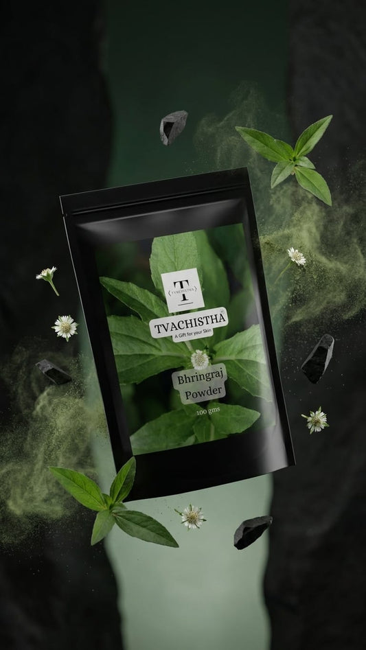 A premium black pouch of Tvachistha Pure Bhringraj Powder showing the traditional "King of Hair Care" therapeutic blend.