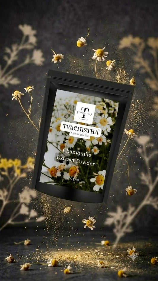 A stand-up pouch of TVACHISTHA Chamomile Extract Powder floating against a dark textured background with scattered chamomile flowers and golden powder effects.