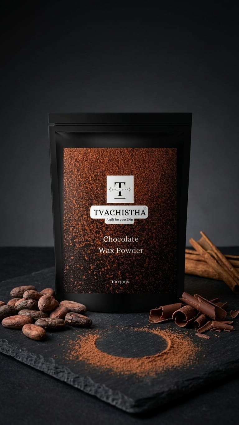 A premium pouch of Tvachistha Chocolate Wax Powder displaying its fine botanical blend for painless, chemical-free body hair removal and skin brightening.