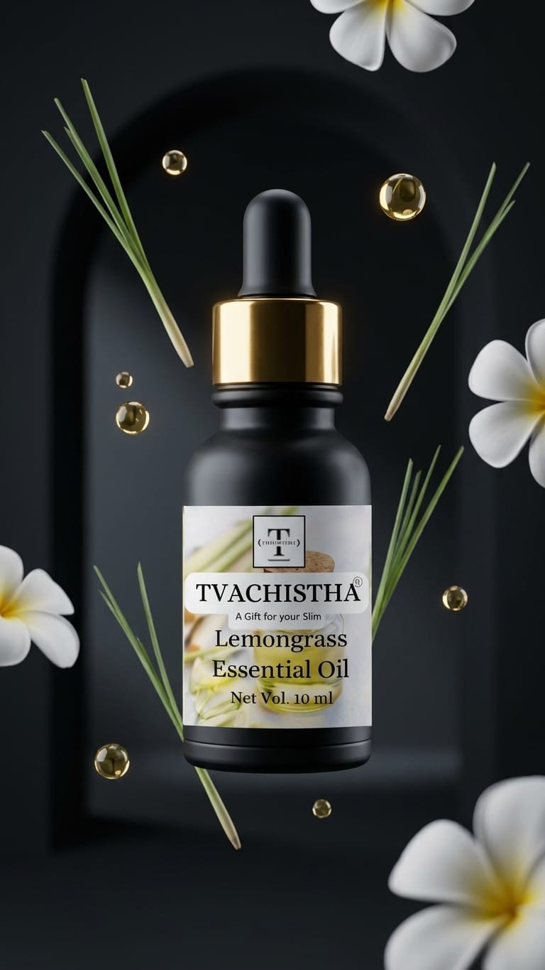 A black glass dropper bottle of Tvachistha Lemongrass Essential Oil for tightening large open pores and balancing oily roots.