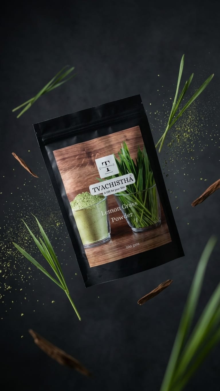 A premium black pouch of Tvachistha Lemon Grass Powder displaying its astringent, pore-refining botanical texture.