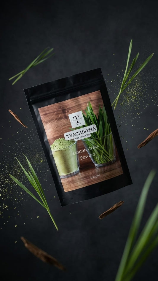 A premium black pouch of Tvachistha Lemon Grass Powder displaying its astringent, pore-refining botanical texture.