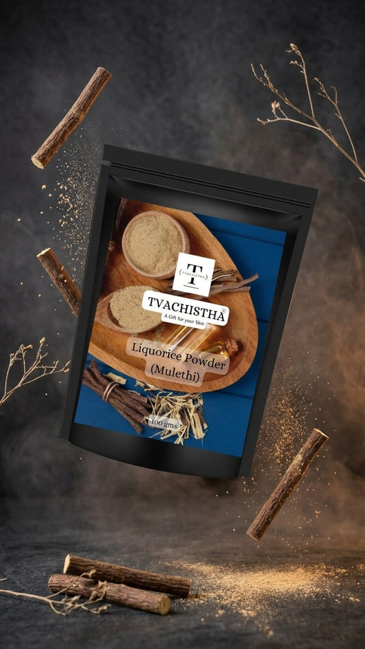 A premium black pouch of Tvachistha Liquorice Root Powder displaying its fine skin-brightening and strand-strengthening texture.