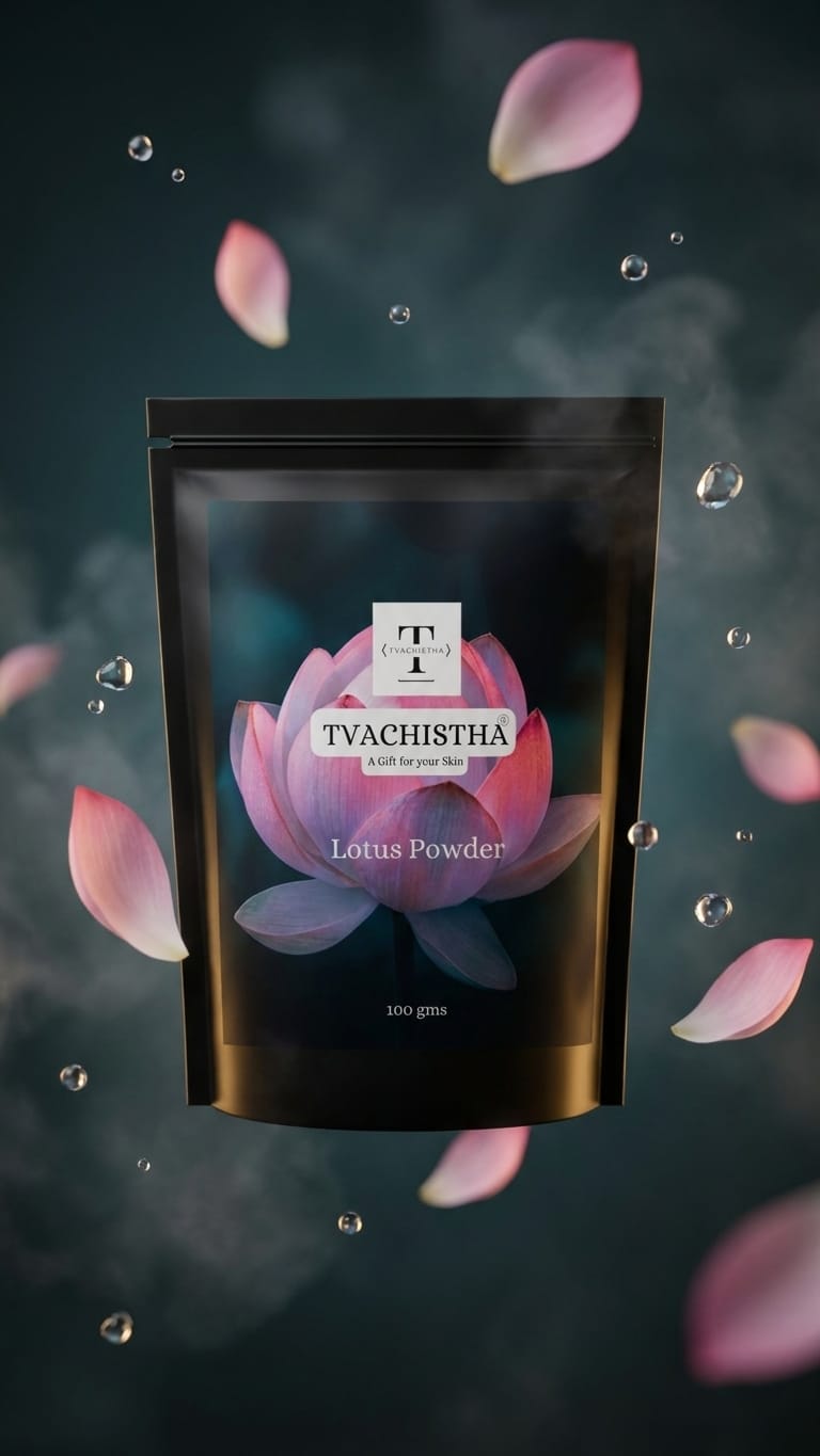 A premium black pouch of Tvachistha Pure Lotus Powder displaying its exotic, cell-rejuvenating floral texture.
