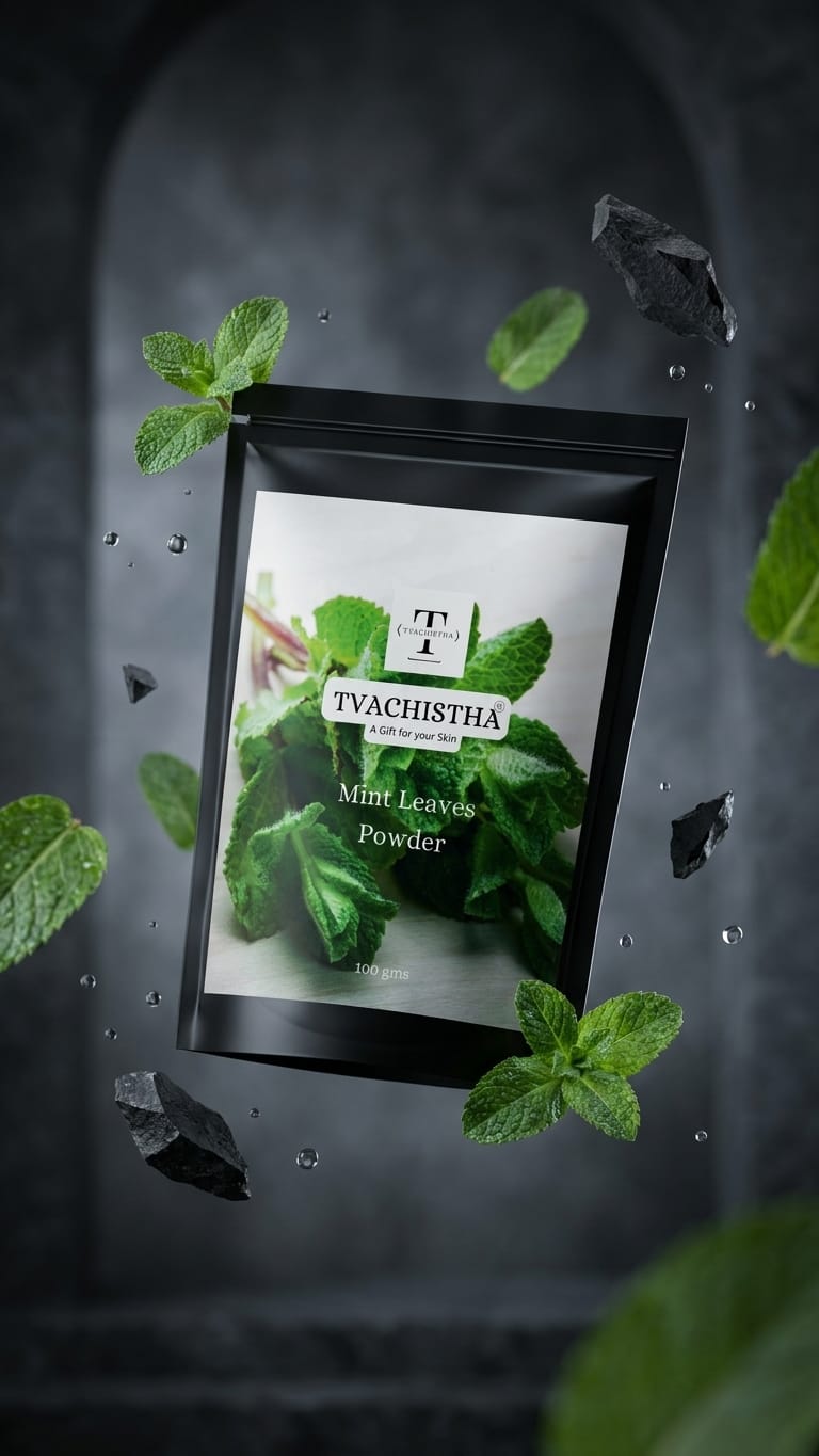 A premium black pouch of Tvachistha Mint Leaves Powder displaying its crisp green botanical texture for cooling acne and scalp relief.