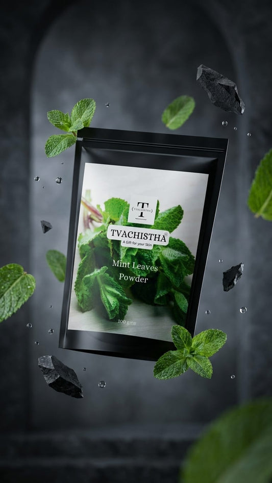 A premium black pouch of Tvachistha Mint Leaves Powder displaying its crisp green botanical texture for cooling acne and scalp relief.