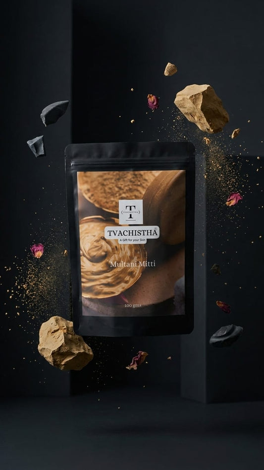 A premium black pouch of Tvachistha Multani Mitti Powder highlighting its oil-absorbing mineral clay consistency.