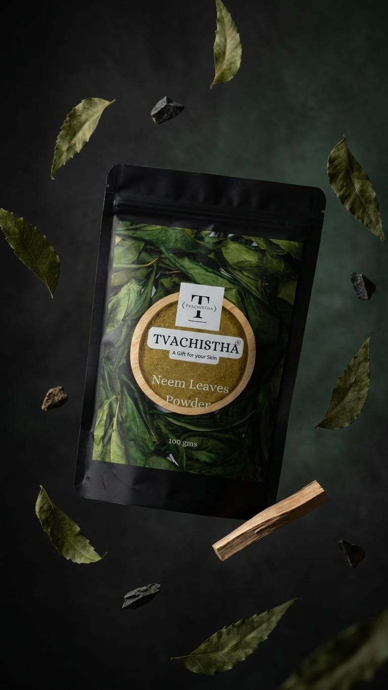 A premium black pouch of Tvachistha Neem Leaves Powder displaying its pure antibacterial texture for acne and dandruff care.