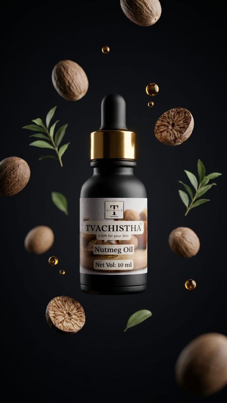 A black glass dropper bottle of Tvachistha Nutmeg Essential Oil for fading old blemish scars and stimulating hair follicles.