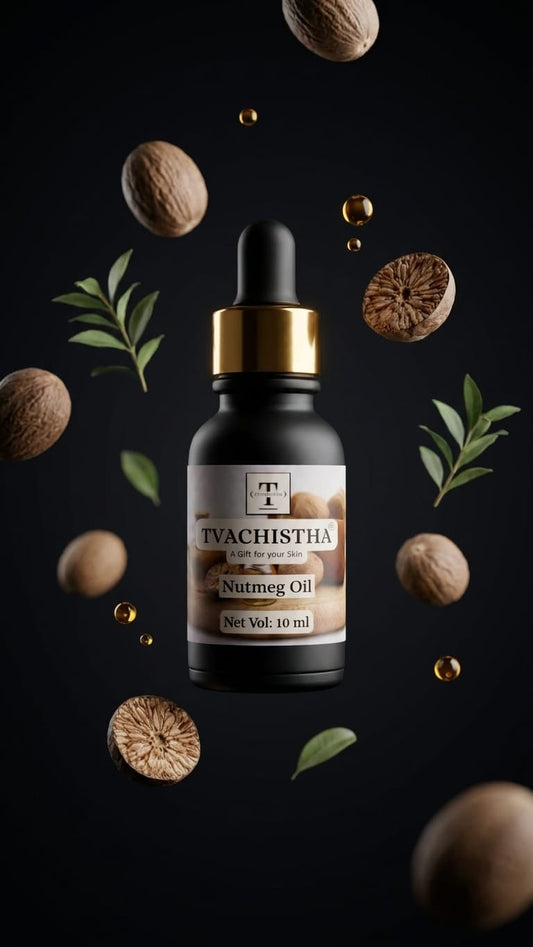 A black glass dropper bottle of Tvachistha Nutmeg Essential Oil for fading old blemish scars and stimulating hair follicles.