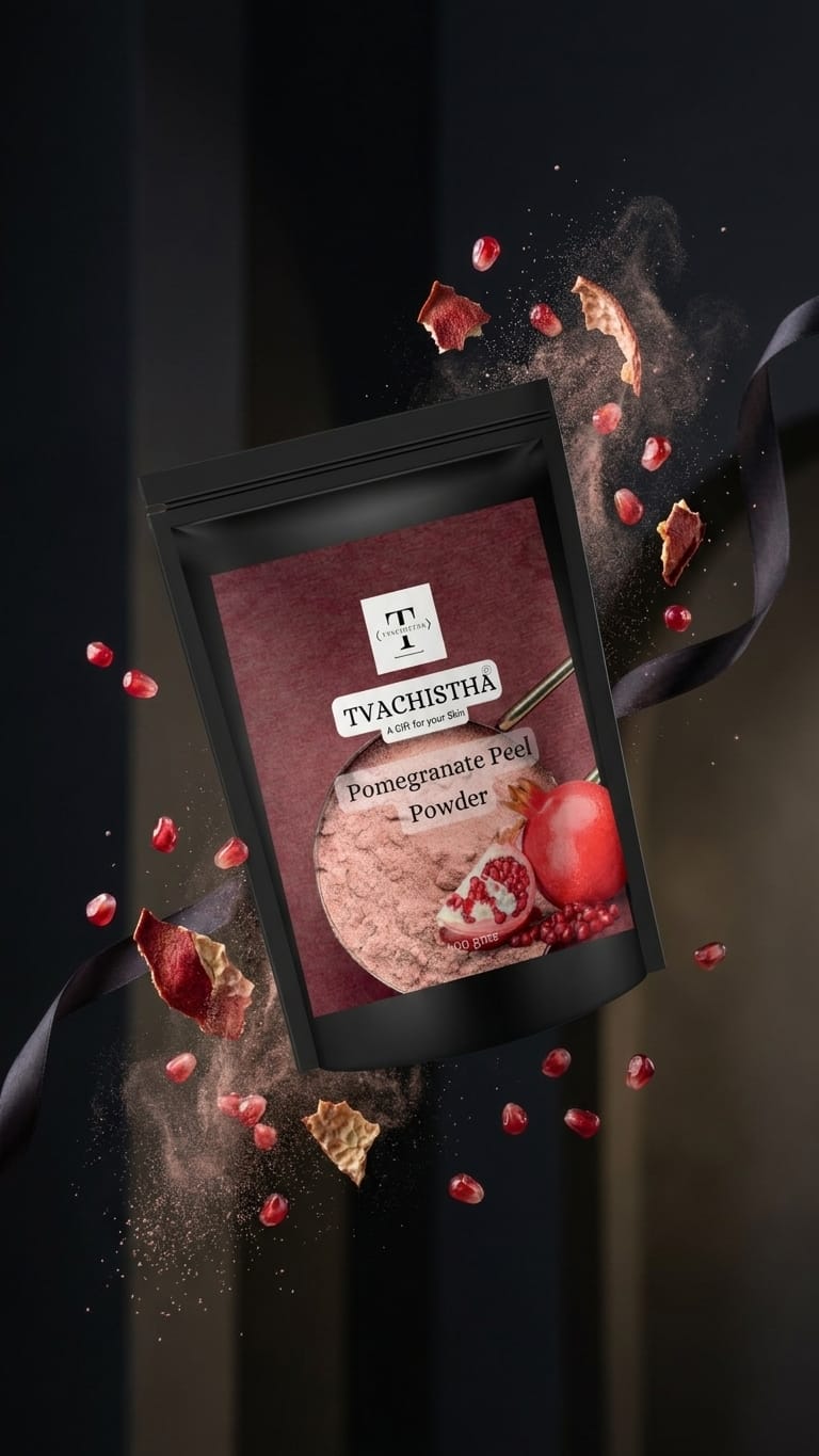 A premium black pouch of Tvachistha Pomegranate Peel Powder highlighting its mineral-rich texture for aging skin and weak roots.