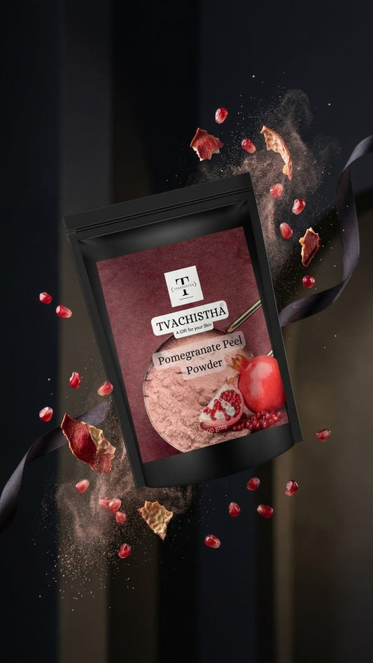 A premium black pouch of Tvachistha Pomegranate Peel Powder highlighting its mineral-rich texture for aging skin and weak roots.