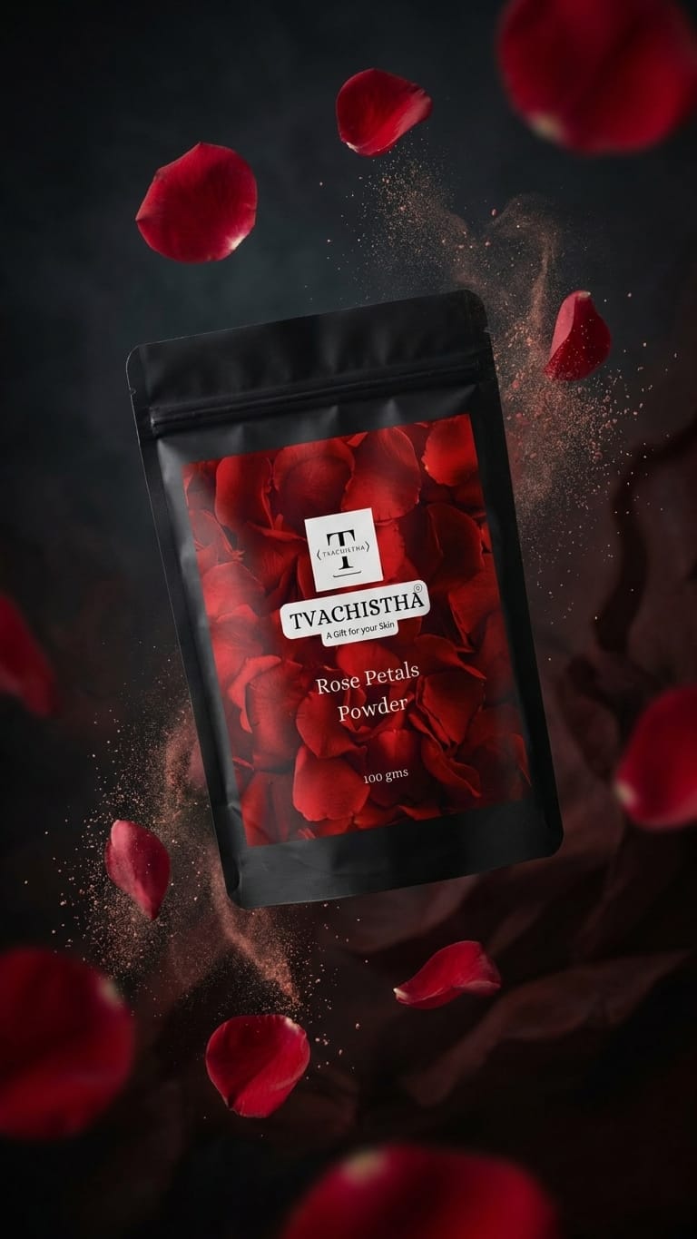 A premium black pouch of Tvachistha Rose Petals Powder displaying its fragrant, fine texture for skin hydration and hair shine.