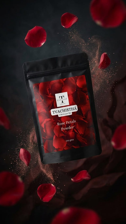 A premium black pouch of Tvachistha Rose Petals Powder displaying its fragrant, fine texture for skin hydration and hair shine.