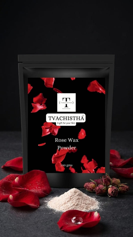 A premium pouch of Tvachistha Rose Wax Powder displaying its fine botanical blend for painless, chemical-free body hair removal and skin brightening.