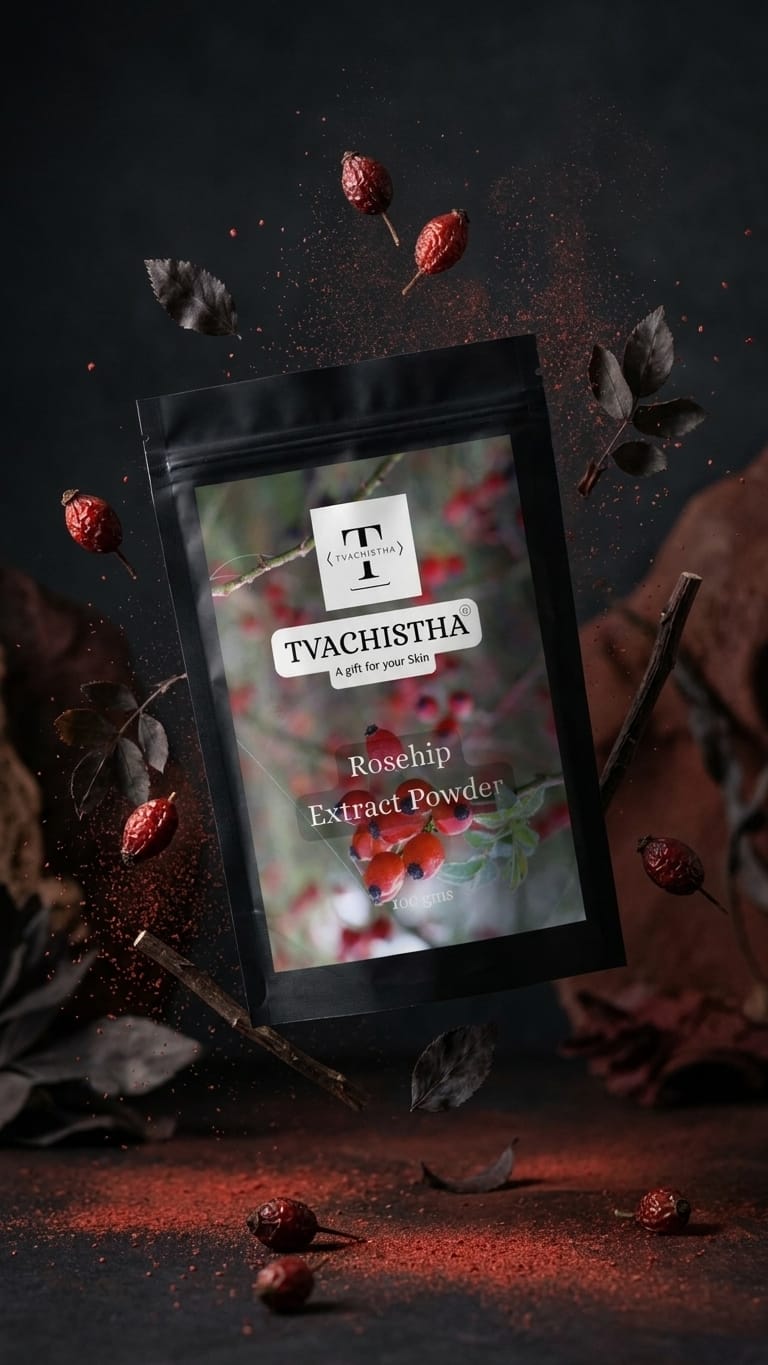 A premium pouch of Tvachistha Rosehip Extract Powder displaying its natural botanical texture for dual-action skin brightening and hair shine.