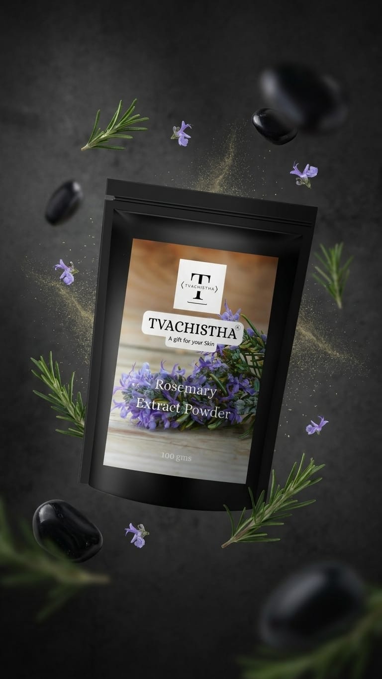 A premium pouch of Tvachistha Rosemary Extract Powder displaying its fine botanical texture for dual-action skin clarifying and hair follicle stimulation.