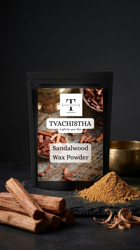 A premium pouch of Tvachistha Sandalwood Wax Powder displaying its fine botanical blend for painless, chemical-free body hair removal and skin brightening.