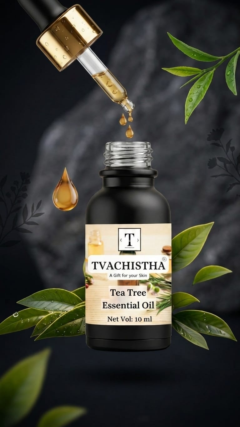 A black glass dropper bottle of Tvachistha Tea Tree Essential Oil for targeting active pimples and resolving scalp itchiness.
