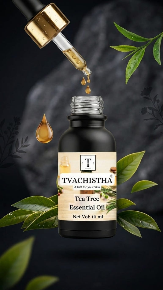 A black glass dropper bottle of Tvachistha Tea Tree Essential Oil for targeting active pimples and resolving scalp itchiness.
