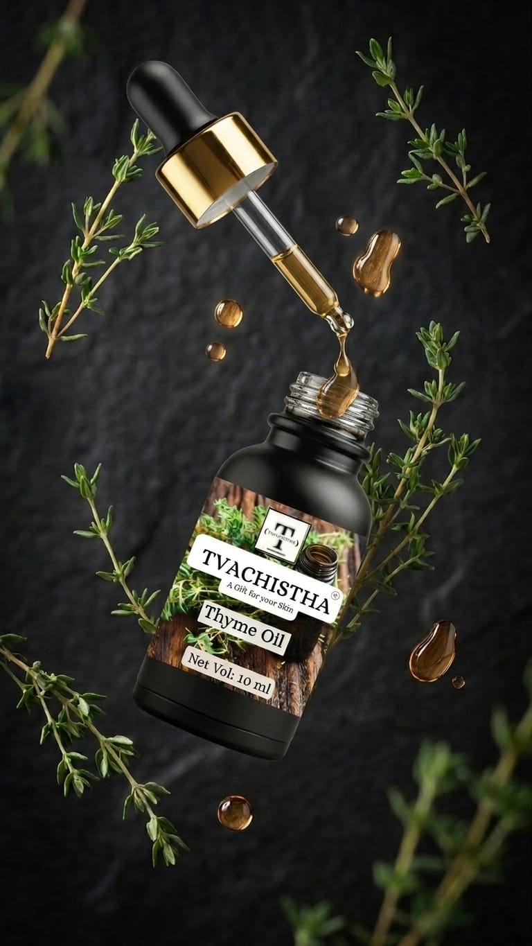 A black glass dropper bottle of Tvachistha Thyme Essential Oil for purifying acne-prone skin and managing scalp dandruff.