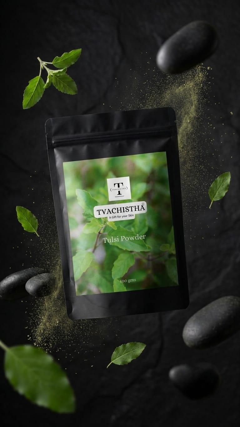 A premium black pouch of Tvachistha Pure Tulsi Powder showcasing its fine herbal grind for clear skin and a healthy scalp