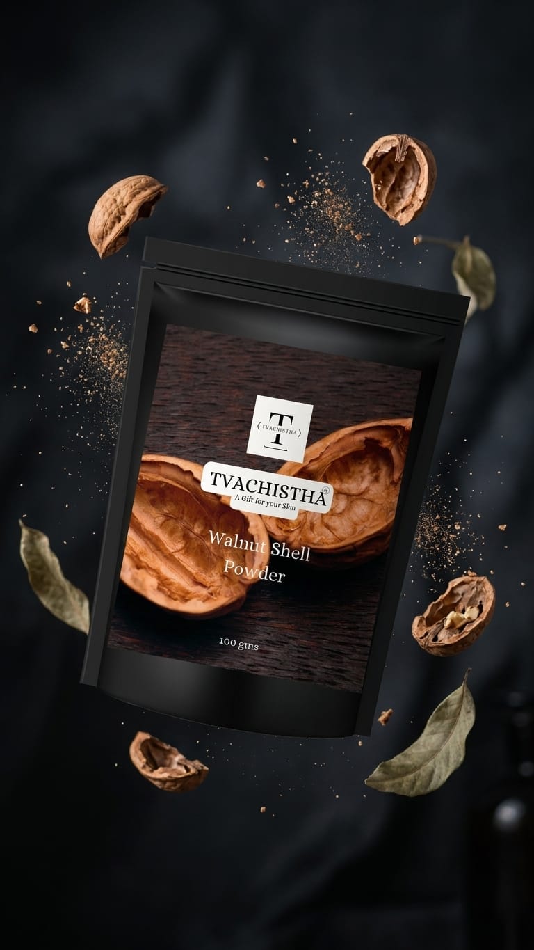 A premium black pouch of Tvachistha Walnut Shell Powder showcasing its micro-milled natural exfoliating texture.
