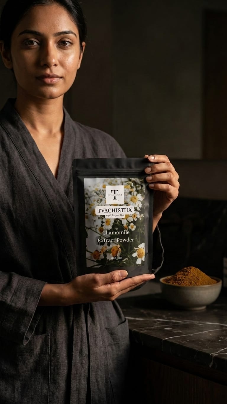 A woman in a dark gray robe holds a pouch of Tvachistha Chamomile Powder. The pouch features a botanical illustration and the brand logo 'Tvachistha'.